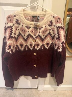 RD Style Burgundy and Cream Fair Isle Button-Up Cardigan